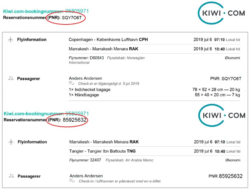 Kiwi PNR example - connecting flights